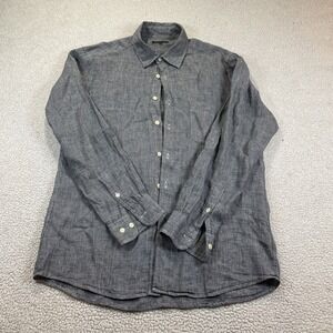 Uniqlo Shirt Mens L Navy Blue Premium Linen Houndstooth Button Down 332-055200